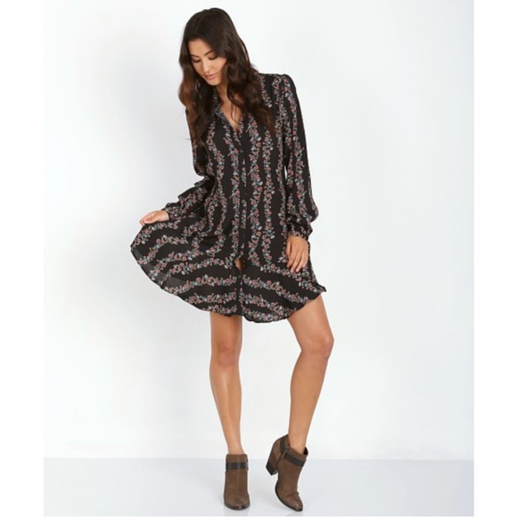 Free People Floral Black Long Sleeve Button Down Mini Dress, Size M - Picture 2 of 10